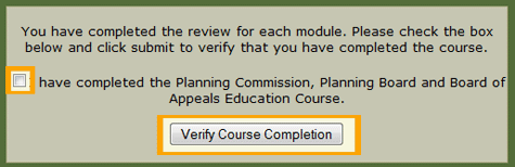 Course completion verification checkbox and button