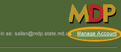 Manage account link: top right corner of the screen, below MDP logo.
