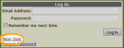 New user link: located at the bottom left corner of the login panel.