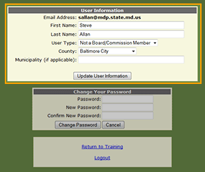 User info section: first section on page, above Change Your Password section.